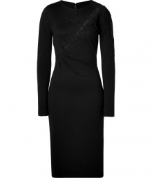 Luxurious dress in fine black rayon stretch - An ultra mega elegant LBD - Stunning, body-hugging sheath cut, with high, rounded neckline and long, slim sleeves - Glam appliqu? trim - The skirt has a typical pencil cut, tight, knee length - Sophisticated and sexy, stylish and elegant, a dream of a dress for exciting evening events - Wear with booties, pumps, gladiator sandals