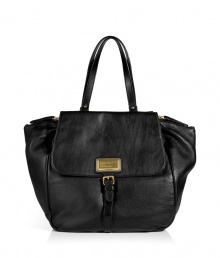 Enviable handbag in fine black leather has a classic shape perfect for the modern world - Designed by Marc Jacobs with a spacious bulbous body, two short handles, flap, buckle and zipper pulls - Decorative gold-color logo plate - High quality, functional design for everyday use Enviable handbag in fine black leather has a classic shape perfect for the modern world - Designed by Marc Jacobs with a spacious bulbous body, two short handles, flap, buckle and zipper pulls - Decorative gold-color logo plate - High quality, functional design for everyday use