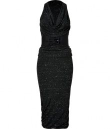 With its contemporary white flecked black jersey and ultra feminine silhouette, Donna Karans stretch dress is a understated glamorous choice for your most elegant evening affairs - Weighted cowl neckline, sleeveless, bloused elasticized waistline, balloon hemline, tailored at the waist with a black fabric covered belt - Form-fitting - Team with chic ankle boots and a dusting of sparkly fine jewelry With its contemporary white flecked black jersey and ultra feminine silhouette, Donna Karans stretch dress is a understated glamorous choice for your most elegant evening affairs - Weighted cowl neckline, sleeveless, bloused elasticized waistline, balloon hemline, tailored at the waist with a black fabric covered belt - Form-fitting - Team with chic ankle boots and a dusting of sparkly fine jewelry