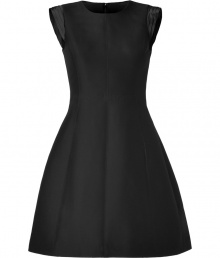 Understated and elegant, Halston Heritages sharply tailored black sheath is an ultra sophisticated addition to your Little Black Dress collection - Rounded neckline, satin pleated cap sleeves, kangaroo-style split pockets, hidden back zip - Sharply tailored fit - Team with flawless pumps and a statement clutch