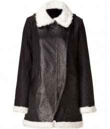 Work the texture trend into your outerwear wardrobe with Faith Connexions ultra cool wool/leather coat, detailed with textural lamb fur trim for that ultra luxe look - Cream lamb fur collar and trim, long sleeves, buttoned cuffs, off-center front zip, front slit pockets, layered leather detail at shoulders - Softly tailored fit - Team with jet black leather accessories and edgy ankle boots Work the texture trend into your outerwear wardrobe with Faith Connexions ultra cool wool/leather coat, detailed with textural lamb fur trim for that ultra luxe look - Cream lamb fur collar and trim, long sleeves, buttoned cuffs, off-center front zip, front slit pockets, layered leather detail at shoulders - Softly tailored fit - Team with jet black leather accessories and edgy ankle boots