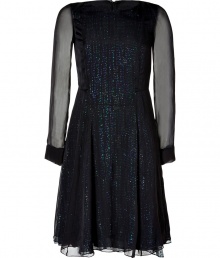 Work an alluring edge into your Little Black Dress favorites with Vanessa Brunos concealed shimmer silk dress, detailed with sheer long sleeves for that darkly romantic feel - Round neckline, sheer long sleeves, buttoned cuffs, tonal green and blue concealed glitter cluster embellished underlay, gathered waist, hidden back zip - Softly tailored fit - Wear with heels and a bright box clutch Work an alluring edge into your Little Black Dress favorites with Vanessa Brunos concealed shimmer silk dress, detailed with sheer long sleeves for that darkly romantic feel - Round neckline, sheer long sleeves, buttoned cuffs, tonal green and blue concealed glitter cluster embellished underlay, gathered waist, hidden back zip - Softly tailored fit - Wear with heels and a bright box clutch