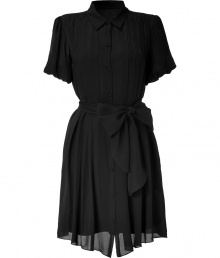 Add flirty appeal to your look with this lovely shirt dress from LAgence - Spread collar, front button placket, short flutter sleeves, pleated, self-tie belt, flared skirt - Style with patterned tights, a draped cardigan, and platform pumps