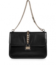 Inject fashion forward edge to your dressed up look with this stud embellished shoulder bag from Valentino - Square bag with front flap, slide-lock closure with logo detail, stud trim, shiny leather, chain-detailed shoulder strap - Style with a cocktail-ready frock and metallic platform sandals Inject fashion forward edge to your dressed up look with this stud embellished shoulder bag from Valentino - Square bag with front flap, slide-lock closure with logo detail, stud trim, shiny leather, chain-detailed shoulder strap - Style with a cocktail-ready frock and metallic platform sandals