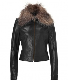 Finished with a dramatic textural faux fur collar, LAgences cropped leather jacket is an ultra luxe choice for dressing up your look - Pointed collar with removable faux fur option, long sleeves, buttoned cuffs, metal front zip, on-seam zippered front pockets - Tailored fit - Wear with everything from tees and jeans to cocktail dresses and heels Finished with a dramatic textural faux fur collar, LAgences cropped leather jacket is an ultra luxe choice for dressing up your look - Pointed collar with removable faux fur option, long sleeves, buttoned cuffs, metal front zip, on-seam zippered front pockets - Tailored fit - Wear with everything from tees and jeans to cocktail dresses and heels