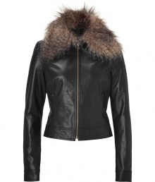 Finished with a dramatic textural faux fur collar, LAgences cropped leather jacket is an ultra luxe choice for dressing up your look - Pointed collar with removable faux fur option, long sleeves, buttoned cuffs, metal front zip, on-seam zippered front pockets - Tailored fit - Wear with everything from tees and jeans to cocktail dresses and heels