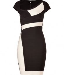 Make a striking after-dark debut in Herv? L?gers eye-catching black and ivory paneled sheath - Asymmetrical neckline, cap sleeves, d?colletage-enhancing at bust, bandage style with figure-hugging multi-panels, concealed back zip closure - Extra form-fitting - Style with platform pumps and a statement clutch