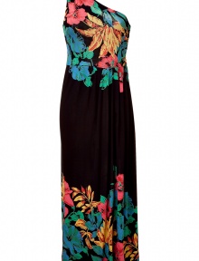 Lovely black one-shoulder maxi-dress from Marc by Marc Jacobs - Add tropical flair year-round with this floral printed asymmetrical maxi-dress - Sleeveless with one sleeve shape, black background with floral print - Gathering and pleat detail at side seam - Wear with metallic platforms and a floppy hat