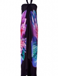 Add a high-style kick to your black tie look with this lavish gown from Roberto Cavalli - Halter neck, bandeau top with gathering at bust, all-over print, waterfall draped back, relaxed silhouette - Wear with platform pumps and an embellished clutch