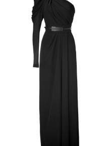 Sophistication and feminine style merge in this ultra-luxe silk gown from celeb-favorite designer Elie Saab - Asymmetric draped and gathered long sleeve, draped bodice, metallic-detailed belt, full maxi-length skirt with back fishtail hem, concealed side zip closure - Softly tailored fit - Pair with sky-high platform pumps and a jewel-encrusted clutch