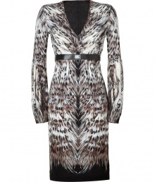 The classic sheath gets a high-style kick with this feather-laden version from Roberto Cavalli - V-neck, long sleeves, belted empire waist, pencil-style skirt, allover feather print - Form-fitting - Pair with classic pumps and a leather purse