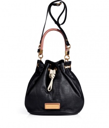 Finish preppy looks on a chic note with Marc by Marc Jacobs colorblocked convertible drawstring bag - Muted pink leather satchel handle, removable belted shoulder strap, bone leather drawstring closure, gold-toned hardware, logo plaque, inside zippered back wall pocket, 2 front wall slot pockets - Team with knit jackets, skinnies, and flats Finish preppy looks on a chic note with Marc by Marc Jacobs colorblocked convertible drawstring bag - Muted pink leather satchel handle, removable belted shoulder strap, bone leather drawstring closure, gold-toned hardware, logo plaque, inside zippered back wall pocket, 2 front wall slot pockets - Team with knit jackets, skinnies, and flats