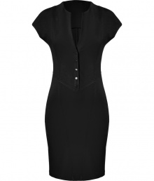 Work a sultry edge into your work to cocktails looks with Catherine Malandrinos jet black shift - Round neckline with deep slit, cap sleeves, front button detail, contoured seaming - Form-fitting - Wear with statement jewelry and heels