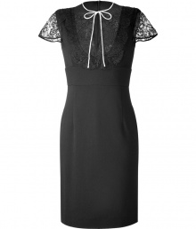 Stylish cocktail dress made of black virgin wool - Elegant, high-necked cut, looks erotic, too - Body-hugging sheath look with a high waist and straight skirt - The bodice and sleeves are made ​.​.of black lace and the neck can be closed with a tie - Ultra luxurious quality you can wear for particularly special occasions