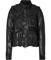 Stylish blouson style motorcycle jacket in black washed leather - From the Italian trend designer Neil Barrett - Stand collar - Four securable patch flap pockets - Cool and sexy, a dream piece for any wardrobe - Pair with super skinny jeans and a T-shirt or sweater - Motorcycle jackets are a Must for fall/winter - Caution: washed leather, so its slim fit