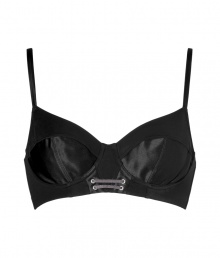 Luxe underwire bra in fine black synthetic blend - Elegant, demi-corset style with lace-up detail and slim straps - 3/4 cups offer ample coverage and create a sexy d?colletage - Flexible underwire and stretch fabric make this bra as cozy as it is cool - Wear beneath just about anything, but layer with sheer blouses for a decidedly sensual and sophisticated look Luxe underwire bra in fine black synthetic blend - Elegant, demi-corset style with lace-up detail and slim straps - 3/4 cups offer ample coverage and create a sexy d?colletage - Flexible underwire and stretch fabric make this bra as cozy as it is cool - Wear beneath just about anything, but layer with sheer blouses for a decidedly sensual and sophisticated look