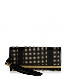 Edgy-cool goes ultra lavish with this stud and tassel detailed clutch from Emilio Pucci - Classic envelope shape, front flap with logo gold-tone hardware trim, studded panels, leather tassel - Style with a cocktail-ready frock and platform pumps Edgy-cool goes ultra lavish with this stud and tassel detailed clutch from Emilio Pucci - Classic envelope shape, front flap with logo gold-tone hardware trim, studded panels, leather tassel - Style with a cocktail-ready frock and platform pumps
