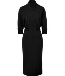 Sporty but minimal, this ultra-stylish wool-blend skirt dress from Jil Sander fuses a sophisticated silhouette and trend-right details - Shawl collar, front zip closure, three-quarter sleeves, jacket-like blouson top, waist welt pockets, elasticized waistband, pencil skirt - Style with platform heels and an oversized shoulder bag