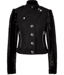 With its cool mix of faux mink fur and jet black wool, this biker-style jacket from Juicy Couture adds a luxe note of rocker-chic attitude to your look - Stand-up collar, buttoned front, epaulettes, zippered pockets, slim fit, cropped, tailored silhouette - Style with jeans, micro-minis, or cropped trousers. pumps or flat ankle boots With its cool mix of faux mink fur and jet black wool, this biker-style jacket from Juicy Couture adds a luxe note of rocker-chic attitude to your look - Stand-up collar, buttoned front, epaulettes, zippered pockets, slim fit, cropped, tailored silhouette - Style with jeans, micro-minis, or cropped trousers. pumps or flat ankle boots