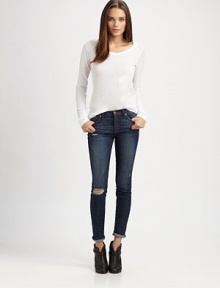 Curve-contouring cigarette jeans with a subtly distressed finish, defined by a comfortable mid rise and slightly tapered silhouette. THE FITRise, about 8Inseam, about 30THE DETAILSButton closureZip flyFive-pocket styleCotton/polyester/elastaneMachine washMade in USAModel shown is 5'10 (177cm) wearing US size 4. Curve-contouring cigarette jeans with a subtly distressed finish, defined by a comfortable mid rise and slightly tapered silhouette. THE FITRise, about 8Inseam, about 30THE DETAILSButton closureZip flyFive-pocket styleCotton/polyester/elastaneMachine washMade in USAModel shown is 5'10 (177cm) wearing US size 4.