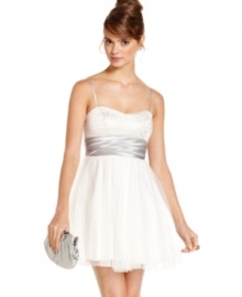 Twirl the night away in the perfect party dress from Speechless! Featuring a prominent satin sash and skirt of glittered tulle, this a-line frock is as sweet as it is chic. Twirl the night away in the perfect party dress from Speechless! Featuring a prominent satin sash and skirt of glittered tulle, this a-line frock is as sweet as it is chic.