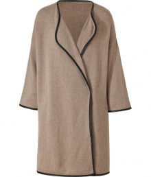 Leather accents add instant edge to this cashmere-blend oversized cardigan from Steffen Schraut - Fold over collar with leather trim, three-quarter bell-shaped sleeves, single button side closure, oversized silhouette, leather trim down front - Wear with skinny jeans, an oversized pullover, and over-the-knee boots