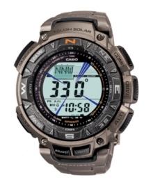 Constantly evolving and updating, Casio presents their latest Pathfinder model in tough titanium. Watch crafted of titanium bracelet and round case. Black turning bezel with cardinal directions. Solar-powered, digital display dial features full auto EL backlight, triple sensor (altimeter/barometer, thermometer, digital compass), five daily alarms, world time, stopwatch and countdown timer. Quartz movement. Water resistant to 100 meters. One-year limited warranty.