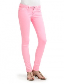 THE LOOKColored skinny leg denim jeansWaistband with belt loopsZip fly with button closureMock curved front pocketsInner right key pocketBack patch pocketsTHE FITRise, about 7Inseam, about 30THE MATERIAL98% cotton/2% spandexCARE & ORIGINMachine washImportedModel shown is 5'11 (180cm) wearing US size 4. THE LOOKColored skinny leg denim jeansWaistband with belt loopsZip fly with button closureMock curved front pocketsInner right key pocketBack patch pocketsTHE FITRise, about 7Inseam, about 30THE MATERIAL98% cotton/2% spandexCARE & ORIGINMachine washImportedModel shown is 5'11 (180cm) wearing US size 4.
