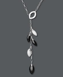 Chic contrasting colors. White agate (7 mm x 12 mm) and black onyx (8 mm x 20 mm) in pretty leaf shapes dangle from this y-shaped pendant necklace. Crafted in sterling silver. Approximate length: 18 inches. Approximate drop: 2 inches. Chic contrasting colors. White agate (7 mm x 12 mm) and black onyx (8 mm x 20 mm) in pretty leaf shapes dangle from this y-shaped pendant necklace. Crafted in sterling silver. Approximate length: 18 inches. Approximate drop: 2 inches.