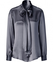 Super romantic steel tie-neck blouse - This feminine silk blouse will add chic appeal to any wardrobe - Beautiful, billowy silhouette and high tie-neck detail - Wear with a pencil skirt and sky-high heels for a sexy day look - Style with flared trousers and platforms