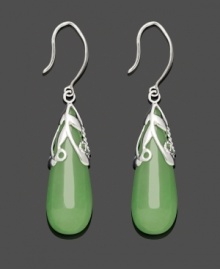 Cool, calm and collected. This peaceful style adds serenity to any look. Solid jade teardrops (10 mm x 25 mm) shine with the addition of a scrolling sterling silver overlay. Approximate drop: 1-3/4 inches. Cool, calm and collected. This peaceful style adds serenity to any look. Solid jade teardrops (10 mm x 25 mm) shine with the addition of a scrolling sterling silver overlay. Approximate drop: 1-3/4 inches.