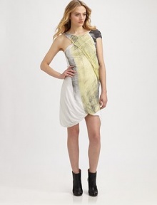 Distressed colorblock lends a modern palette to this tucked and draped shift.ScooneckSingle cap sleeveAsymmetrical shoulder cut-outGathered front overlayBubble hemAbout 20 from natural waistModalDry cleanMade in USA of Italian fabricModel shown is 5'9½ (176cm) wearing US size Small. Distressed colorblock lends a modern palette to this tucked and draped shift.ScooneckSingle cap sleeveAsymmetrical shoulder cut-outGathered front overlayBubble hemAbout 20 from natural waistModalDry cleanMade in USA of Italian fabricModel shown is 5'9½ (176cm) wearing US size Small.