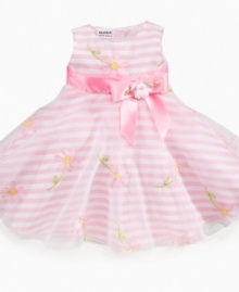 Renewed and refreshed. Stripes and flowers on this Blueberi Boulevard dress give her a soft, airy look perfect for the spirit of any special occasion. Renewed and refreshed. Stripes and flowers on this Blueberi Boulevard dress give her a soft, airy look perfect for the spirit of any special occasion.