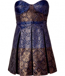 Stylish strapless dress in fine synthetic fiber blend - Elegant jacquard weave has a lovely sheen - On-trend blue and black colorblocking - Slim, sculpted bodice - Pleated A-line miniskirt hits mid-thigh - Zips at back - A chic must for parties, holidays and special events - Style with a cropped leather jacket, opaque tights and pumps or ankle booties Stylish strapless dress in fine synthetic fiber blend - Elegant jacquard weave has a lovely sheen - On-trend blue and black colorblocking - Slim, sculpted bodice - Pleated A-line miniskirt hits mid-thigh - Zips at back - A chic must for parties, holidays and special events - Style with a cropped leather jacket, opaque tights and pumps or ankle booties