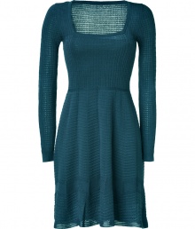 The epitome of daytime chic, this ultra-feminine knit frock from M Missoni is effortlessly stylish - Flattering square neck, long sleeves, fitted bodice, full skirt with patterned knit, semi-sheer overlay, solid underlay - Wear with an oversized cardigan, high heel booties, and a statement satchel