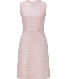 With a sweet cotton-candy hue and flawless tailored fit, Valentinos blush-white boulce knit sheath is both ladylike and exquisite - Round neckline, sleeveless, flat bow belt, side slit pockets, hidden back zip - Tailored fit - Wear with heels and a chain detailed handbag