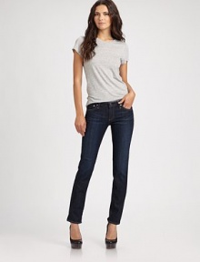 Slim, straight-leg denim in a chic, slightly cropped silhouette. THE FITMedium rise, about 7Inseam, about 30Leg opening, about 12THE DETAILSZip flyFive-pocket style70% cotton/28% Lyocell/2% polyurethaneMachine washMade in USA of imported fabricModel shown is 5'11 (178cm) wearing US size 4.