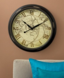 A face with distressed map detail gives this round clock a whimsical air. Richly framed in resin, with classic Roman numerals.