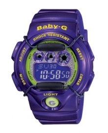 Escape just in time with this tropical purple and lime green watch by Baby-G. Purple resin strap and round case with yellow accents. Shock-resistant purple and lime green negative display digital dial features time, light, alarm, countdown timer, stopwatch and 12/24 hour formats. Digital dial. Water resistant to 200 meters. One-year limited warranty.