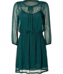 Inspired by 1970s style, this dotted chiffon dress from DKNY makes your office-to-evening look effortless - Sheer polka dot overlay with round neck, long sleeves, front pintuck detailing, and elasticized waist, solid underlay with spaghetti straps - Wear with an oversized chunky cardigan and platform pumps