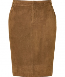 Elegant skirt in fine, brown goat skin suede - Traditional pencil cut with a narrow silhouette and sexy, snug fit - Features belt loop, tab and zip closure, side pockets and rear vent - Pair with classic blouse and high heels, or with an oversized sweater and ankle boots Elegant skirt in fine, brown goat skin suede - Traditional pencil cut with a narrow silhouette and sexy, snug fit - Features belt loop, tab and zip closure, side pockets and rear vent - Pair with classic blouse and high heels, or with an oversized sweater and ankle boots