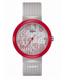 Simple shades of gray from Lacoste. Unisex Goa watch crafted of gray stripe silicone strap with printed text logo and round plastic case with red bezel. Gray stripe dial features jumbled red and white numerals, iconic crocodile logo at twelve o'clock, cut-out hour and minute hands, and red second hand. Quartz movement. Water resistant to 30 meters. Two-year limited warranty.