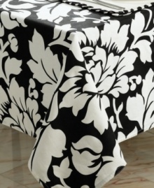 Pair this bold floral tablecloth with other Black and White table linens to enhance colorful meals at home. Pair this bold floral tablecloth with other Black and White table linens to enhance colorful meals at home.