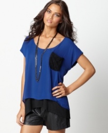 Cobalt chiffon and black stretch jersey combine for a layered look in one great top from Buffalo Jeans. A lace chest pocket adds a girly twist, too! (Clearance)