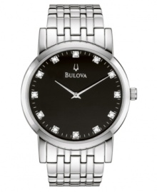Put your best wrist forward every day with this superbly handsome watch from Bulova. Silvertone stainless steel bracelet and round case. Round black dial with logo and diamond accents at indices. Quartz movement. Water resistant to 30 meters. Three-year limited warranty. Put your best wrist forward every day with this superbly handsome watch from Bulova. Silvertone stainless steel bracelet and round case. Round black dial with logo and diamond accents at indices. Quartz movement. Water resistant to 30 meters. Three-year limited warranty.