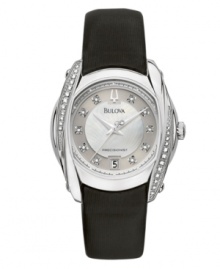 Brilliant diamond-accented precision, by Bulova. This Precisionist collection watch features a continuously sweeping second hand that keeps time accurate to ten seconds a year. Round stainless steel case and black fabric on beige nubuck strap. Diamond accents at bezel. White mother-of-pearl dial features silvertone hands and logo, diamond accents at markers and date window at six o'clock. Quartz movement. Water resistant to 30 meters. Three-year limited warranty.