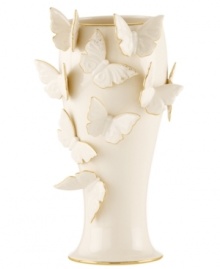 The essence of whimsy, this Lenox Flutter vase will lift your spirits with gold-tipped butterflies and elegant banding in timeless ivory porcelain.