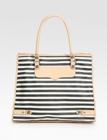 A retro-chic striped carryall made of sturdy canvas, accented with gleaming diamond-shaped hardware and smooth leather trim. Double leather top handles, 7¼ dropMagnetic snap closureOne inside zip pocketThree inside open pocketsCotton lining15W X 13¼H X 5¼DImported A retro-chic striped carryall made of sturdy canvas, accented with gleaming diamond-shaped hardware and smooth leather trim. Double leather top handles, 7¼ dropMagnetic snap closureOne inside zip pocketThree inside open pocketsCotton lining15W X 13¼H X 5¼DImported