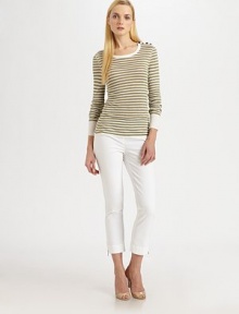 A lightweight linen blend sweater featuring nautical-inspired stripes and button details. Round neckLong sleevesButton details on shoulderSolid, ribbed trimPull-on styleAbout 25 from shoulder to hem45% linen/33% viscose/22% polyamideHand washImported of Italian fabric Model shown is 5'11 (180cm) wearing US size Small. 