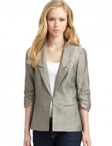 THE LOOKNotch lapelFront hook closureThree-quarter length ruched sleevesPrincess seamsFront slash pocketsBack double vent hemTHE FITAbout 25 from shoulder to hemTHE MATERIAL88% linen/12% polyamideFully linedCARE & ORIGINDry clean Made in USAModel shown is 5'10 (178cm) wearing US size 4. THE LOOKNotch lapelFront hook closureThree-quarter length ruched sleevesPrincess seamsFront slash pocketsBack double vent hemTHE FITAbout 25 from shoulder to hemTHE MATERIAL88% linen/12% polyamideFully linedCARE & ORIGINDry clean Made in USAModel shown is 5'10 (178cm) wearing US size 4.